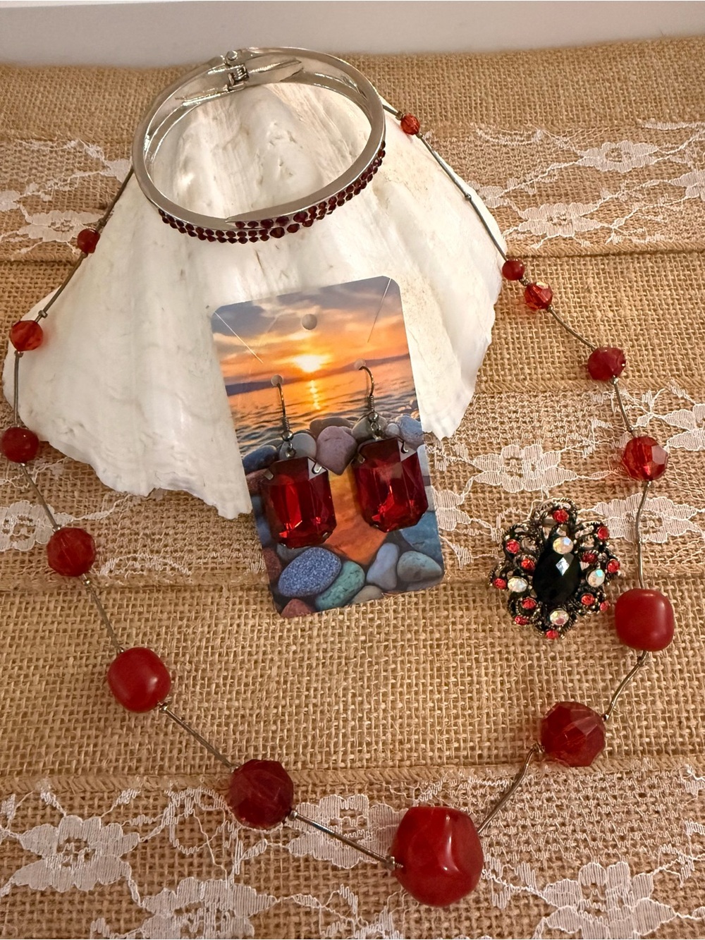 Red Crystal Necklace Earrings bracelet ring Set